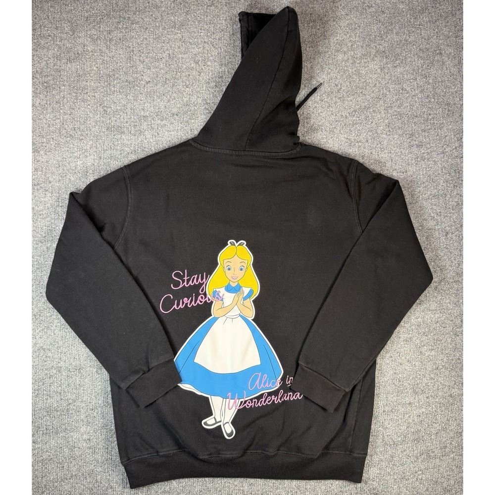 Disney Alice‎ In Wonderland Hoodie Womens Medium Black Stay Curious Pullover - Picture 6 of 7